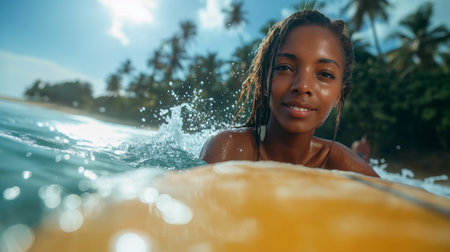 A young woman rides her yellow surfboard, glistening in the tropical sun, amidst the sparkling blue waters near a lush palm-lined shore.の素材