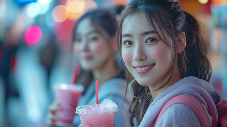 A young woman smiles brightly, enjoying a refreshing drink at a vibrant night market, illuminated by colorful lights.の素材