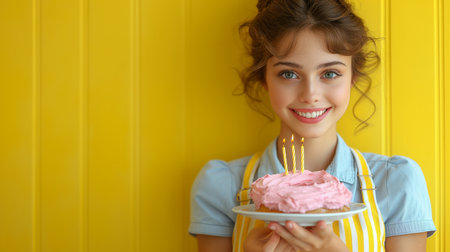 Beautiful young woman with birthday cake on color background, closeupの素材