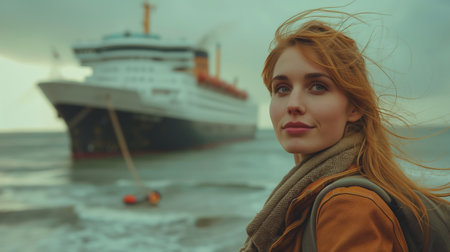 A young woman stands before an imposing ocean liner, her wind-swept hair matching the stormy seascape, evoking a sense of adventure amidst the natural drama.の素材