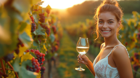 A young woman smiles as she enjoys a glass of wine in a golden vineyard at sunset, epitomizing the essence of the harvest.の素材