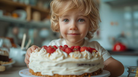 A young, blonde preschooler beams with joy as he eyes a large cake adorned with strawberries and cream, a picture of pure delight.の素材