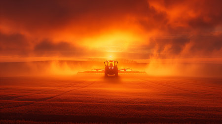 Amid a fiery sunset, a tractor sprays a field, shrouded in a dramatic mist of dust and light, highlighting the intense and fiery sky.の素材
