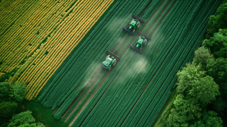 Aerial view of tractors efficiently working in vast, lush green fields, embodying agricultural innovationの素材