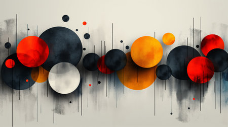 Abstract art featuring a collage of circles in black, red, and orange tones over a textured white background, depicting modern minimalism.の素材