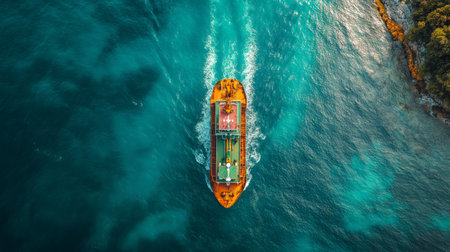 Aerial view of a ship navigating turquoise waters, surrounded by lush green shores, captured from above.の素材