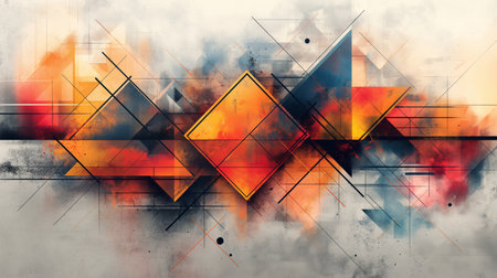 An abstract composition of overlapping geometric shapes in fiery orange and cool gray, bathed in a haze of urban textures.の素材