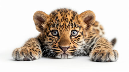 An adorable leopard cub gazes curiously, its eyes sparkling with innocence and wild wonder.の素材