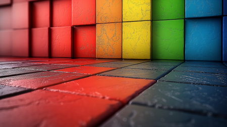An abstract array of colorful, textured blocks, arranged in a vibrant, geometric pattern on the floor and wall.の素材