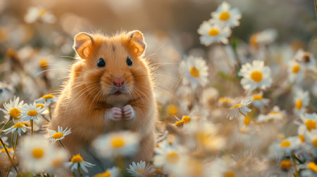 An adorable hamster peeks out curiously among a field of daisies, its small hands holding a flower.の素材