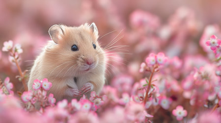 An adorable Syrian hamster nestled among pink flowers, peering curiously at its surroundings.の素材