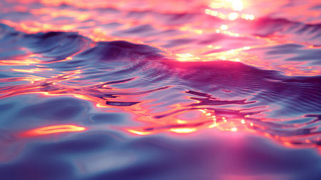An abstract, iridescent macro shot captures the ethereal dance of oil droplets on water, creating a canvas of swirling pink and blue hues.の素材