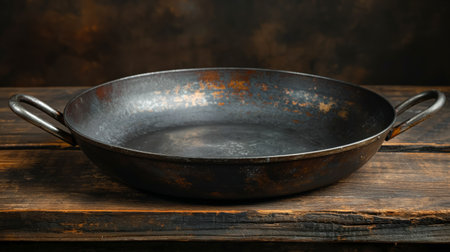 An aged, rusty skillet sits on a wooden surface, symbolizing timeless culinary traditions and hearty cooking.の素材