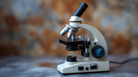 An advanced microscope isolated on white, its lenses poised for scientific discovery.の素材