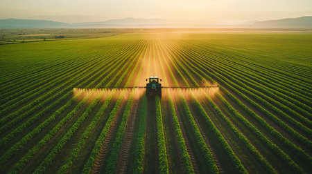 An aerial view captures a tractor spraying crops at sunset, creating a dramatic and industrial scene.の素材