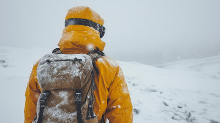 An adventurer in a bright yellow jacket faces a snowy expanse, braving a fierce winter storm.の素材