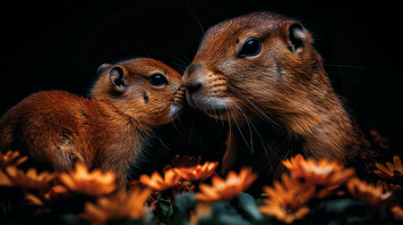 An adult prairie dog nuzzles its young baby amidst dark surroundings and orange flowers.の素材
