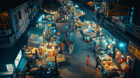 An aerial view reveals a lively street market at dusk, illuminated by street lamps and vibrant with the hustle of evening shoppersの素材