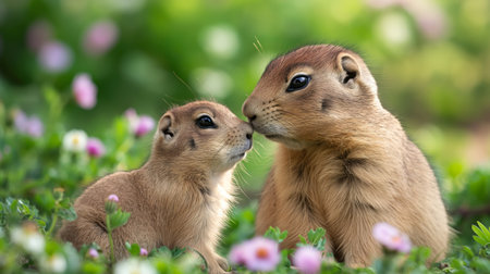 An adult prairie dog nuzzles its young baby amidst green foliage and flowers.の素材