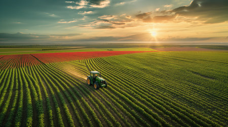 An aerial view of a tractor tilling vibrant green and red fields under a stunning sunset.の素材