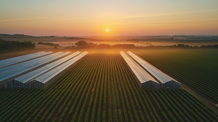 An aerial view of a vast solar farm at sunrise, with rows of panels amidst green fields under a serene sky.の素材