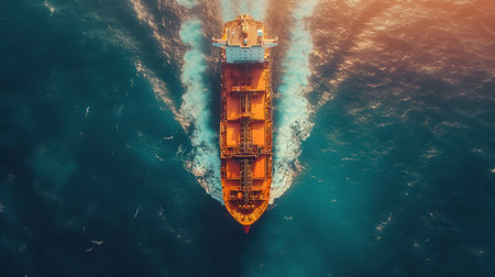 An aerial view captures the majestic orange cargo ship gracefully navigating through the deep blue ocean, leaving a turbulent trail of foam in its wake.の素材