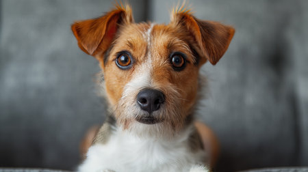 An alert Jack Russell Terrier looks directly into the camera, its bright eyes full of intelligence and mischief.の素材