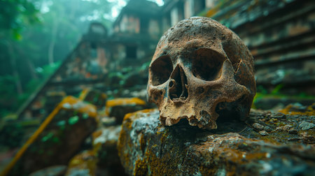 An ancient skull lies amidst lush, mysterious jungle ruins.の素材
