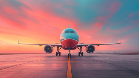 An airplane ready stands for takeoff against a breathtaking sunset sky, reflecting bold hues on the tarmac.の素材