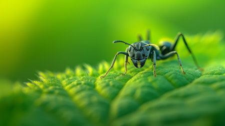 An ant ventures across a vibrant green leaf, its form detailed and striking against the lush backdropの素材