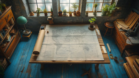 An antique map room filled with historical maps and botanical samples evokes a sense of adventure and discovery.の素材