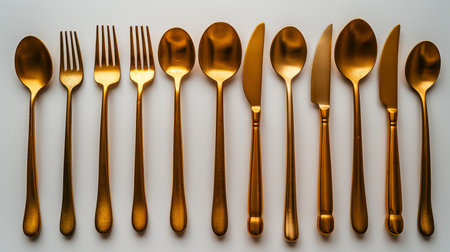 Set of golden cutlery on white background. Top view.の素材