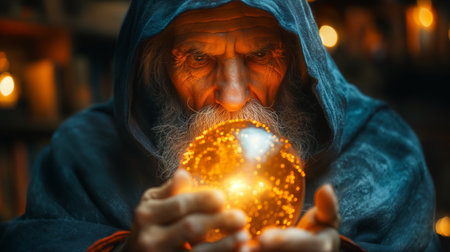 An ancient wizard, cloaked in blue, gazes intensely into a glowing golden orb, surrounded by dim, mystical light.の素材