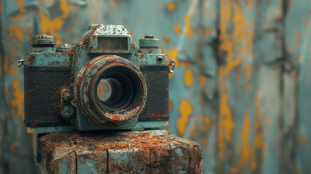 An ancient, rust-covered camera sits forgotten, its lens still yearning for one last shot.の素材