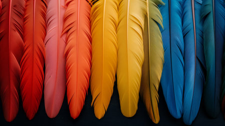 An array of feathers, vibrant in shades of red, orange, yellow, green, and blue, arranged neatly against a dark background.の素材