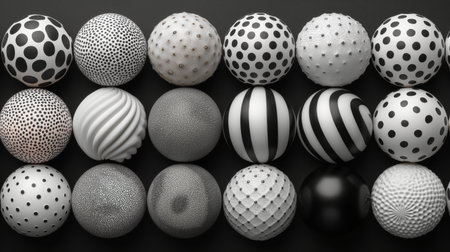 An array of textured spheres in black and white showing diverse patterns and artistic abstraction.vの素材