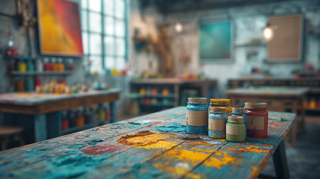 An art studio bursts with vibrant colors and scattered paint jars, a canvas of creativity and chaos.の素材