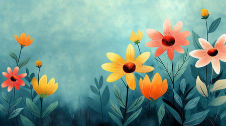 An artistic depiction of assorted flowers, blending flat and 3D styles in a whimsical, colorful garden sceneの素材