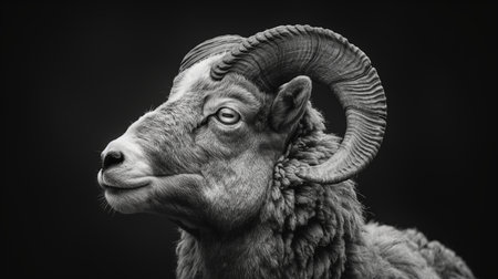 An artistic black and white portrait of a ram, emphasizing the dramatic curves and textures of its horns and wool.の素材