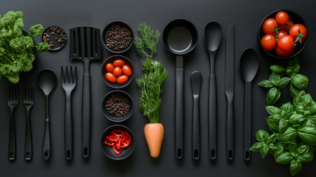 An artistic arrangement of black kitchen utensils on a dark background, showing a minimalist culinary design.の素材
