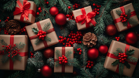 An assortment of Christmas gifts spread out on a dark background, decorated with red ribbons and greenery.の素材