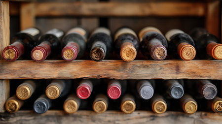 An assortment of wine bottles neatly arranged on rustic wooden racks, each capped with distinct, colorful seals.の素材