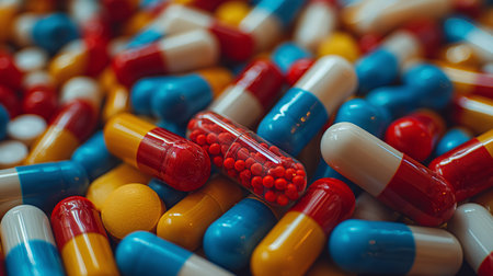 An assortment of colorful capsules spills across a surface, illustrating the variety and complexity of modern medicine.の素材
