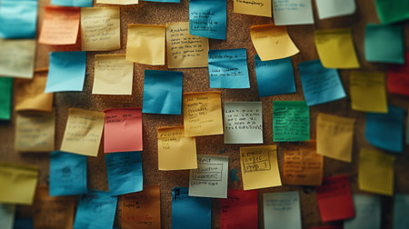 An assortment of sticky notes, filled with various handwritten messages, covers a corkboard in a busy workspace.の素材