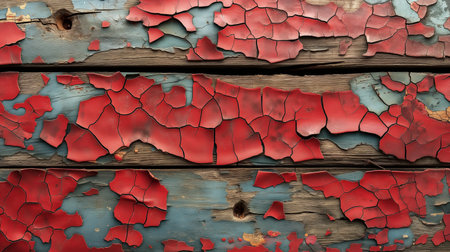 Aged wooden planks with vibrant red and blue peeling paint creating a rustic, textured pattern.の素材
