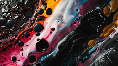 An abstract swirl of liquid paints, blending a spectrum of colors into a dynamic and visually captivating composition.の素材