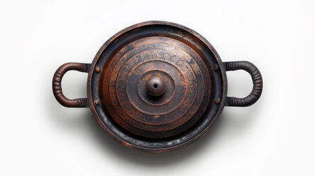 An antique cast iron pot shows its age and character through a weathered and rustic exterior.の素材