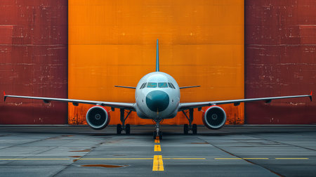 An airplane ready stands for takeoff against a starkly contrasting orange and burgundy backdrop.の素材