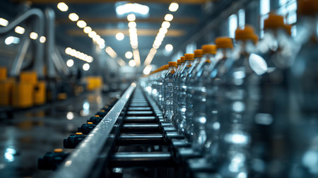 An array of clear water bottles swiftly moves along an industrial conveyor belt in a high-tech bottling plant.の素材