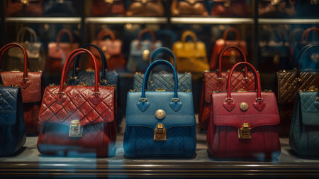 An array of premium handbags sits proudly behind glass, showing rich colors and intricate designs.の素材